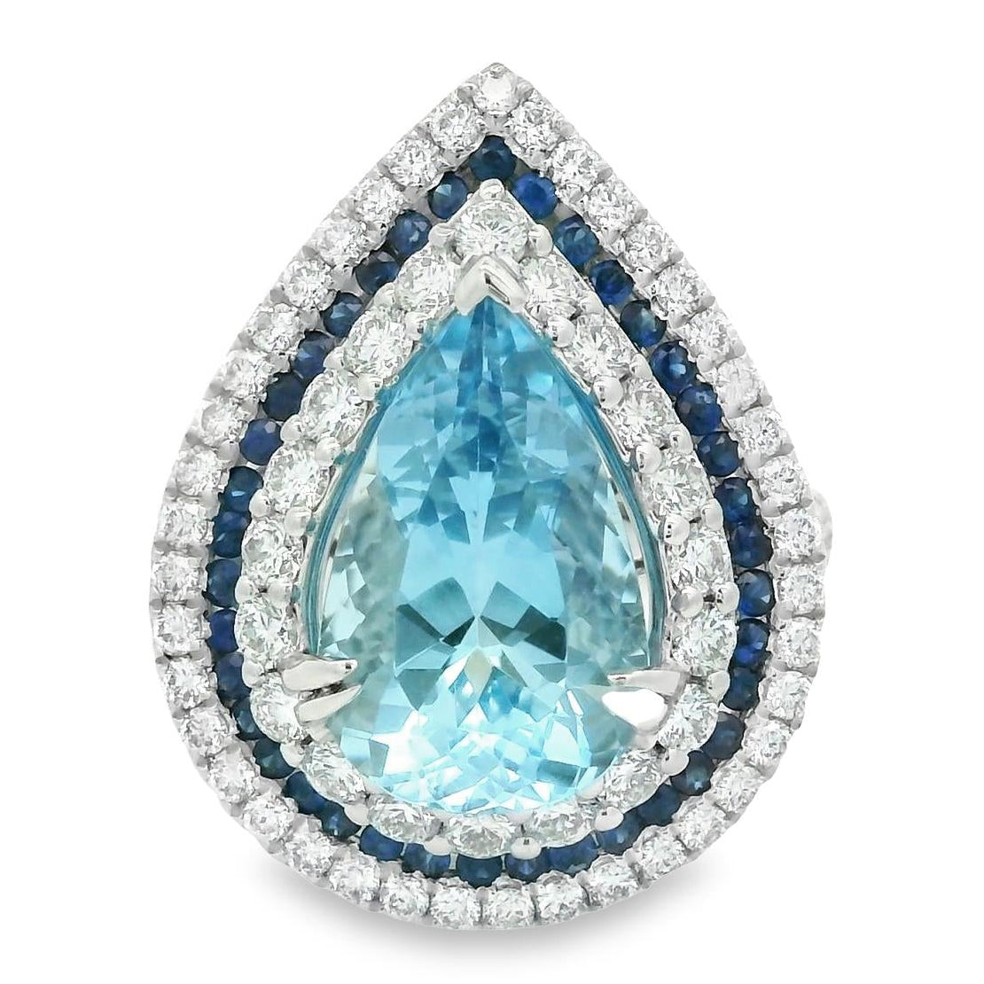 3.75 Carat Aquamarine Diamond Sapphire Multi-Halo 18k White Gold Ring