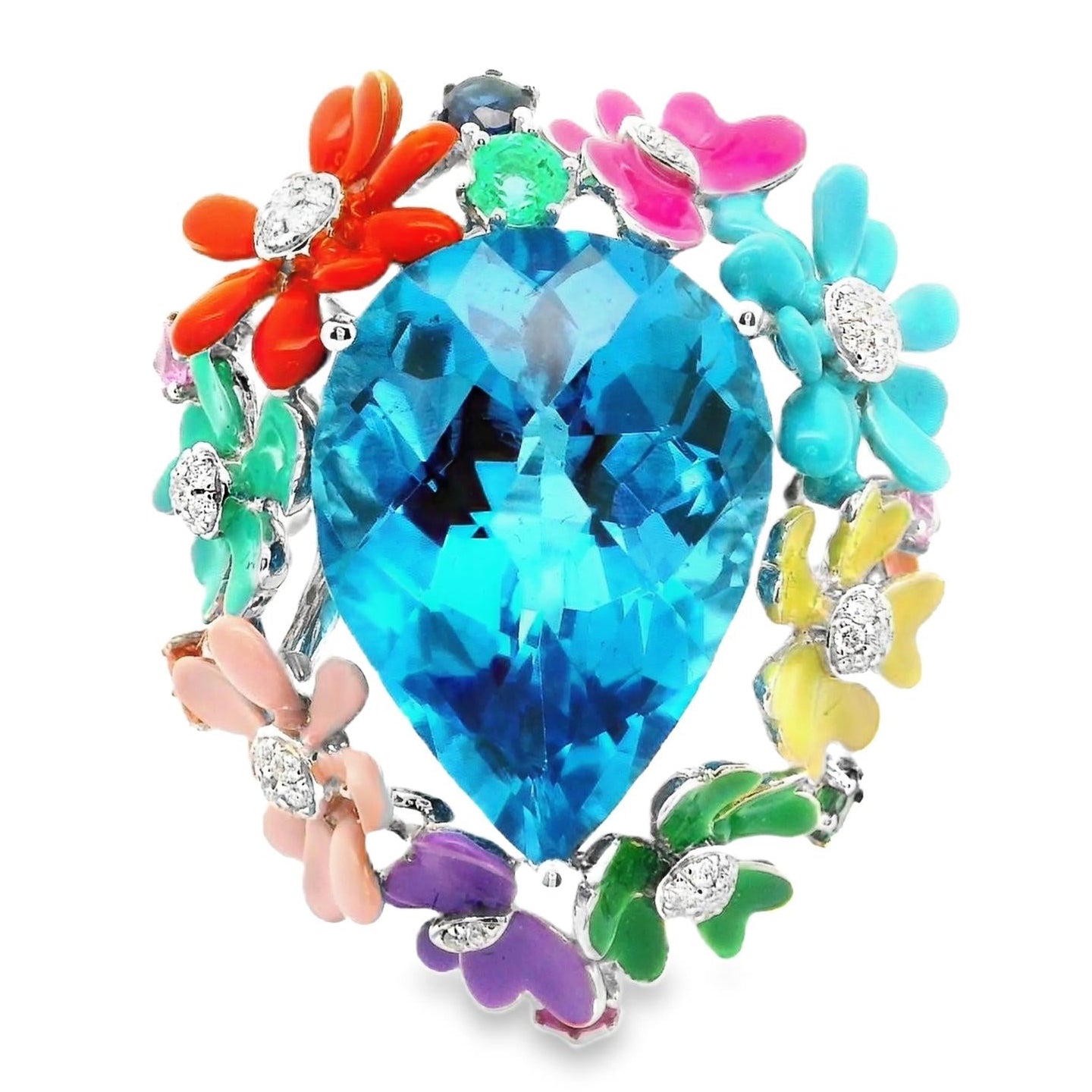 Blue Topaz Diamond Multi-Color Enamel Flower & Butterfly 18k White Gold Cocktail
