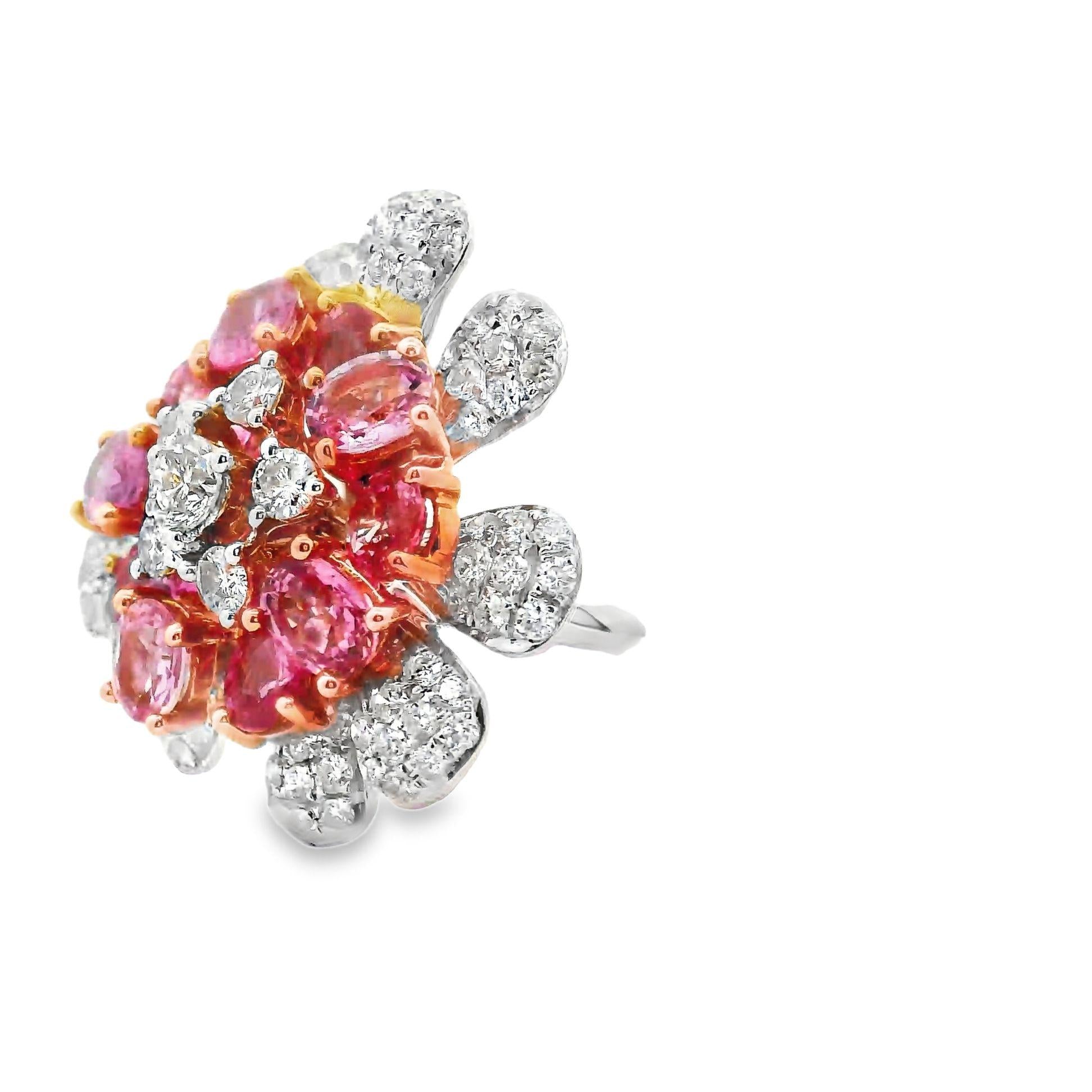 Padparadscha & Pink Sapphire Diamond 18k White Gold Flower Ring