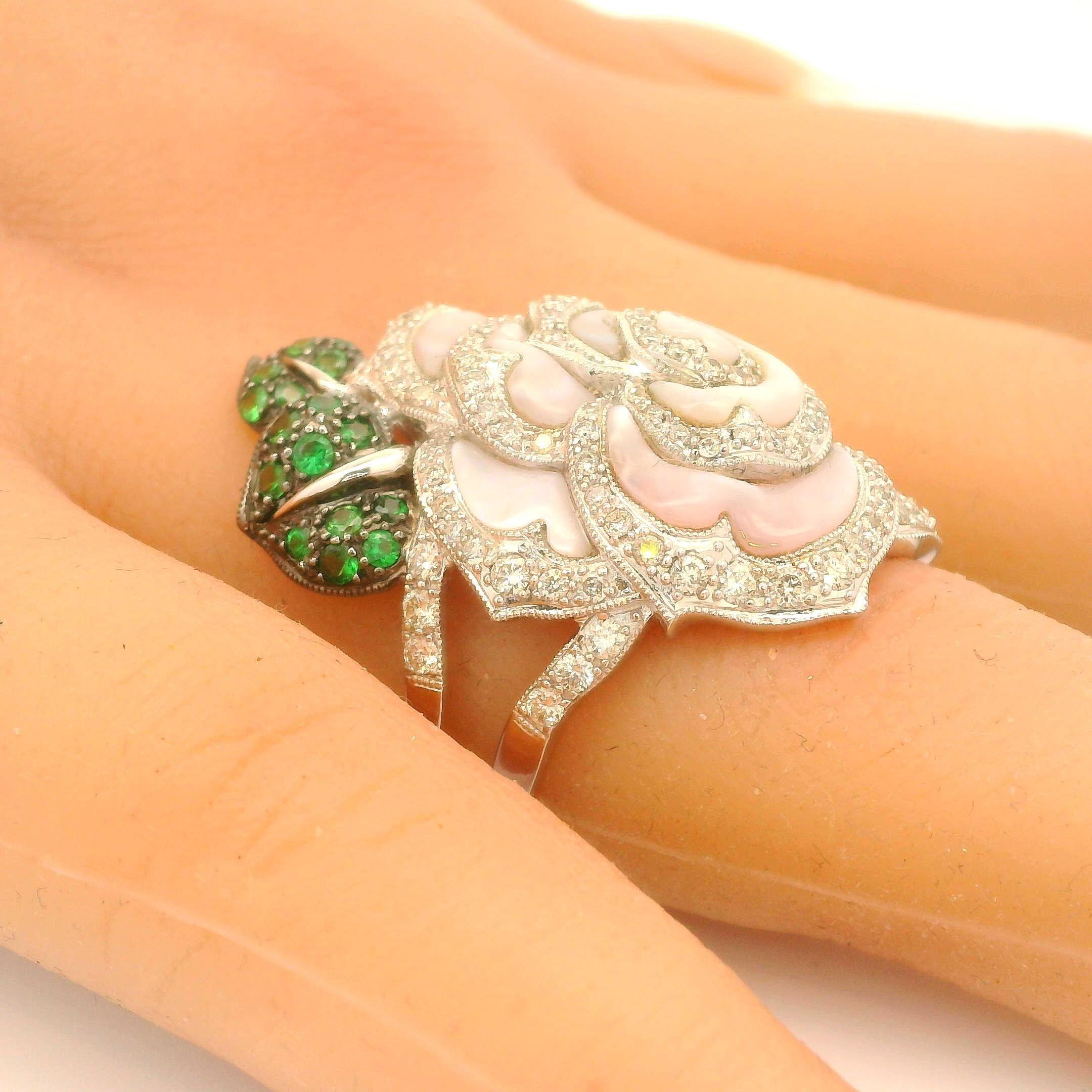 Mother-of-Pearl Diamond Tsavorite 18k White Gold Rose Flower Ring