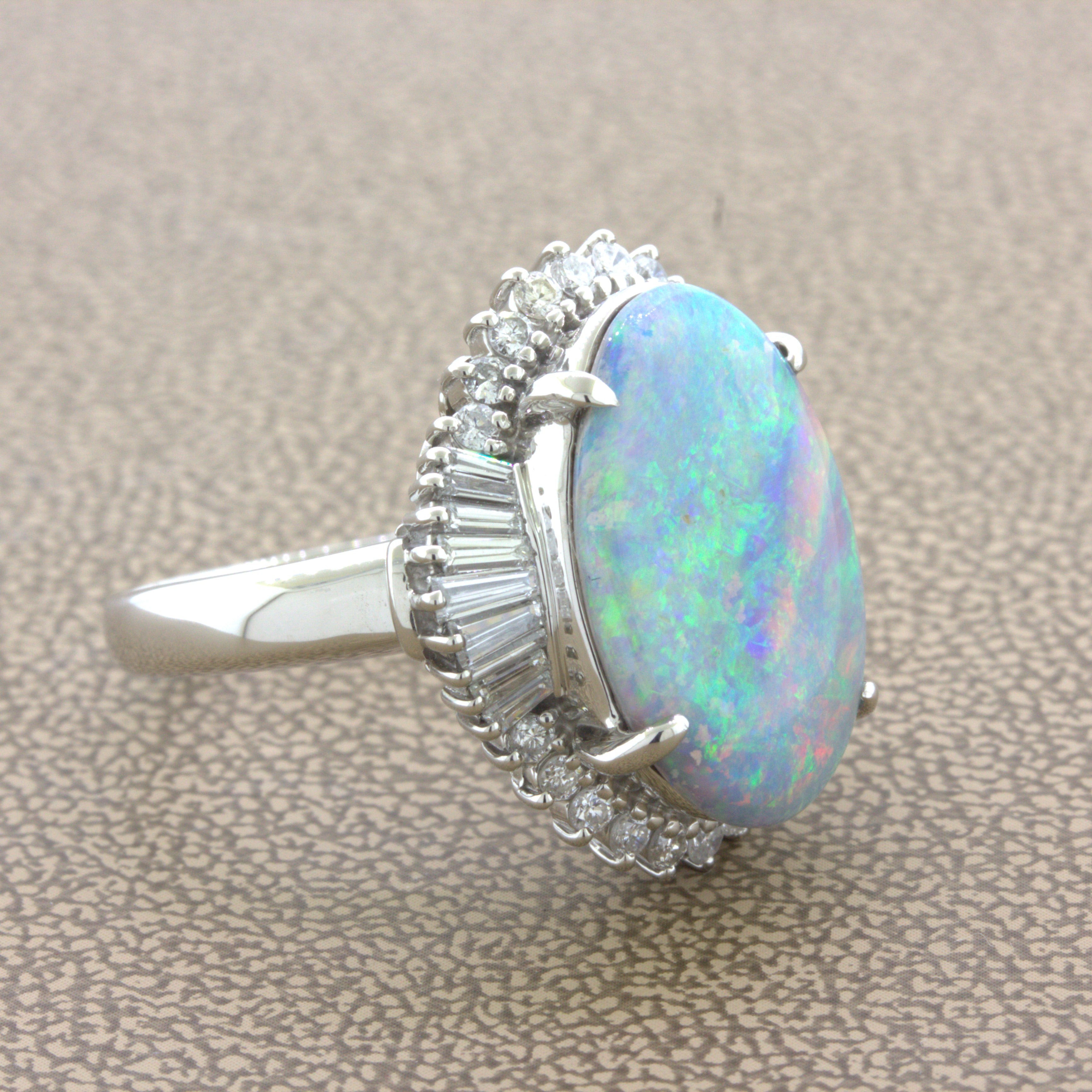 Unique Australian Opal “Double-Color” Diamond Platinum Cocktail Ring