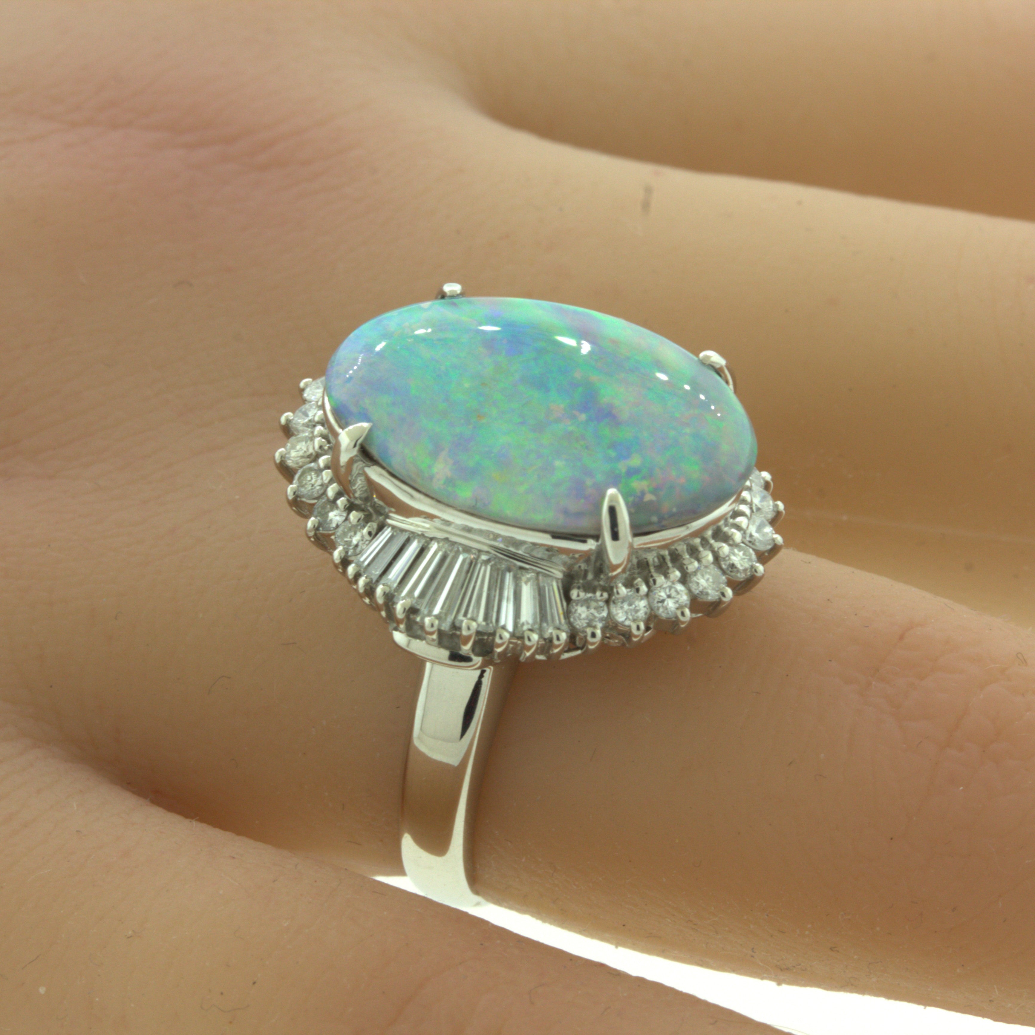 Unique Australian Opal “Double-Color” Diamond Platinum Cocktail Ring
