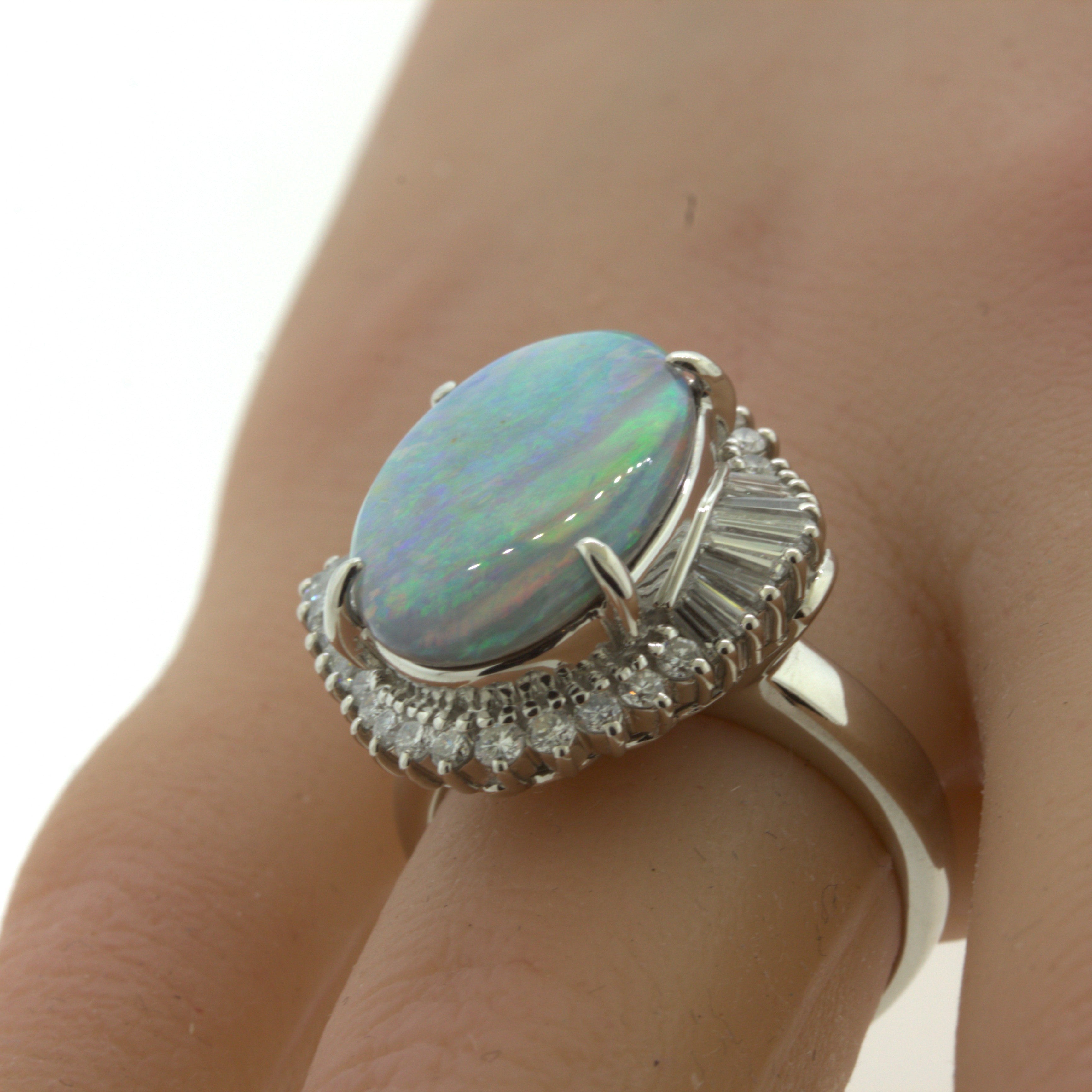 Unique Australian Opal “Double-Color” Diamond Platinum Cocktail Ring