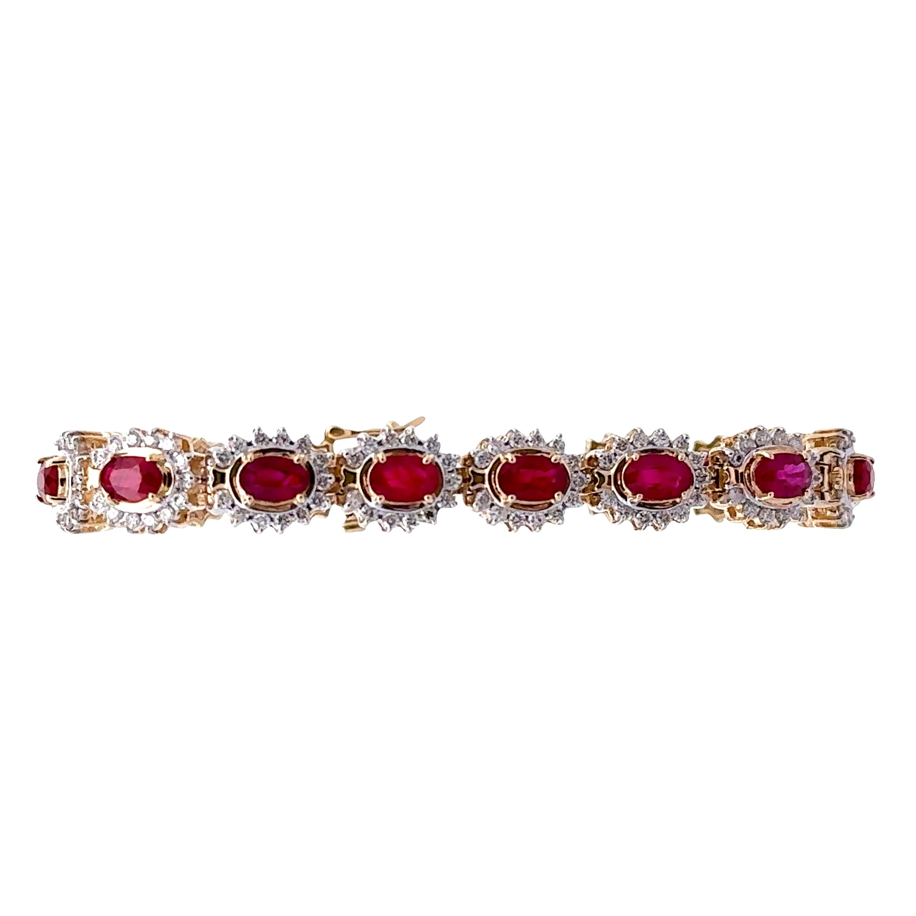 Ruby Diamond Halo 14k Yellow Gold Bracelet