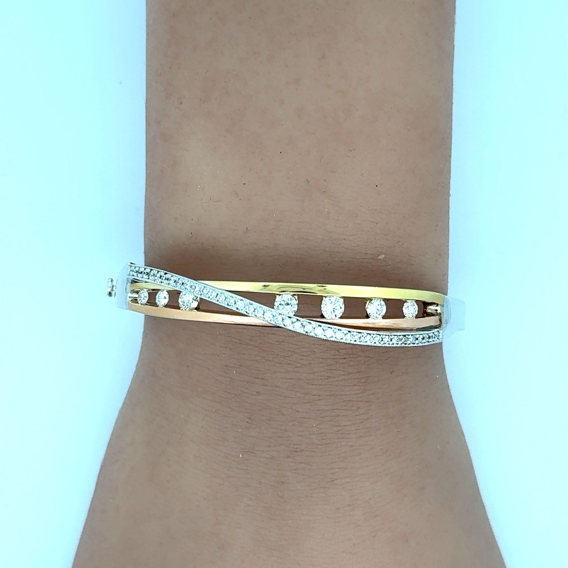 Crossing Diamond Channel Set 14k Multi-Color Gold Bangle Bracelet