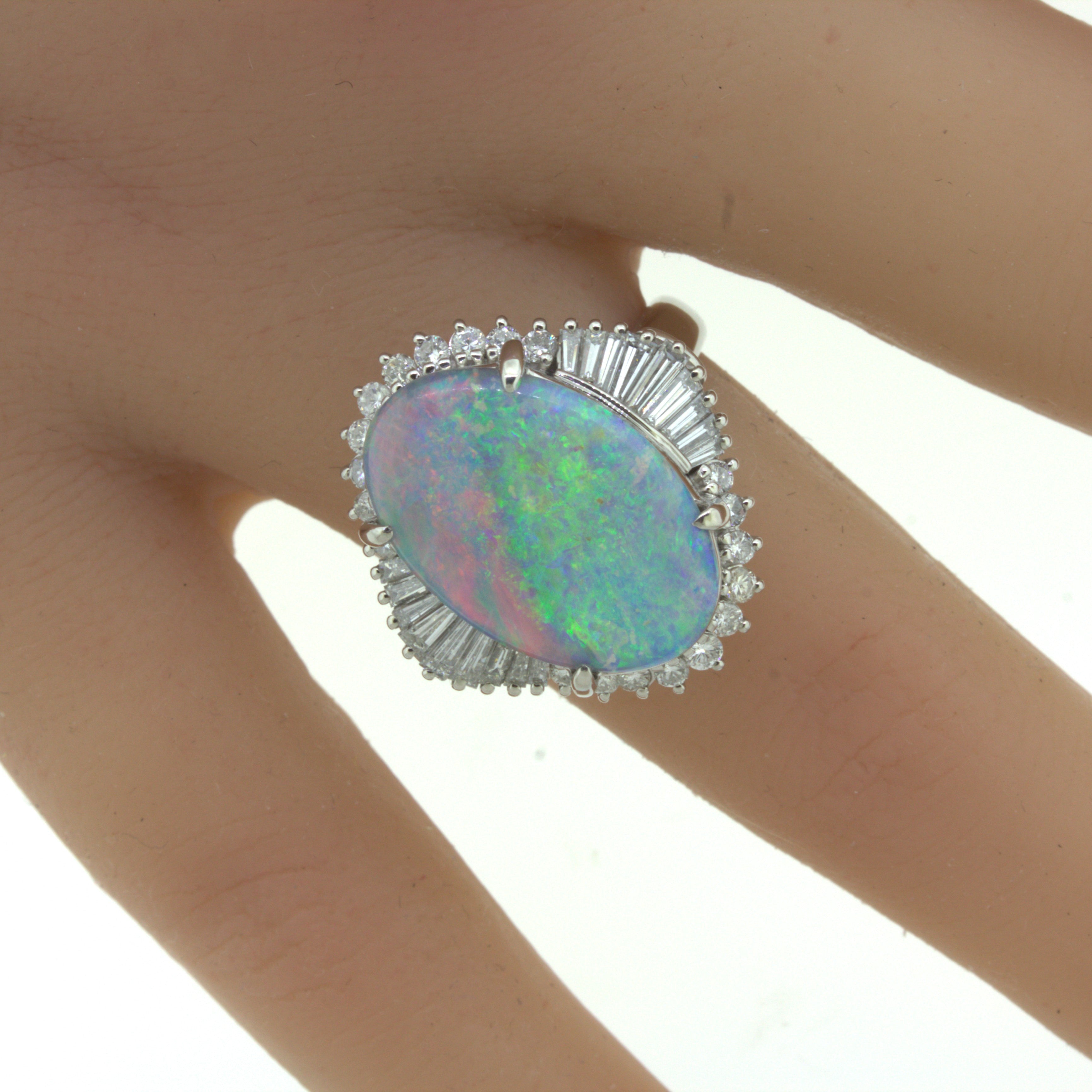 Unique Australian Opal “Double-Color” Diamond Platinum Cocktail Ring