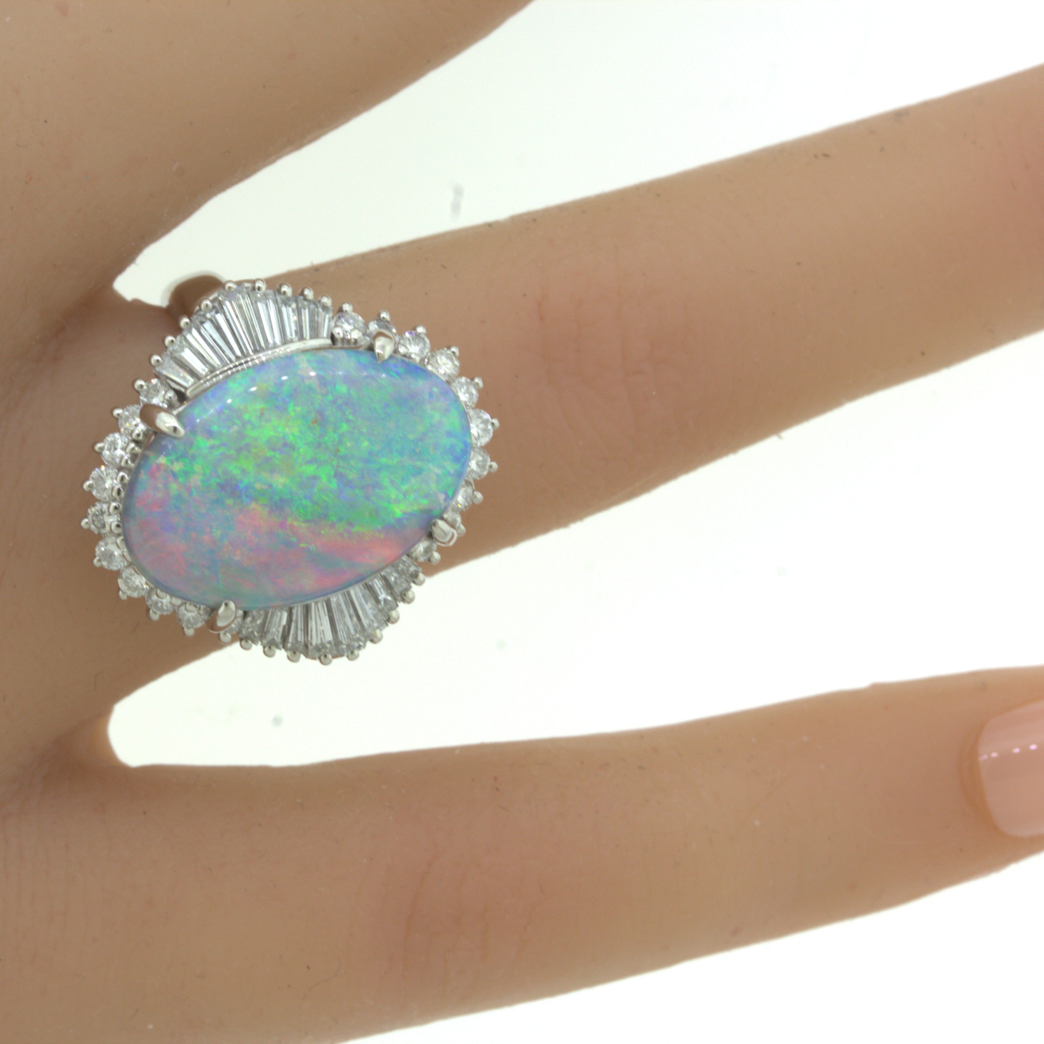Unique Australian Opal “Double-Color” Diamond Platinum Cocktail Ring