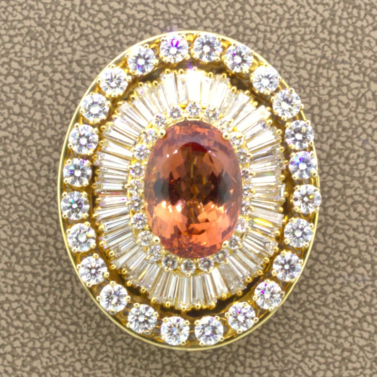 Superb Imperial Topaz Diamond 18K Yellow Gold Brooch, AGL Certified