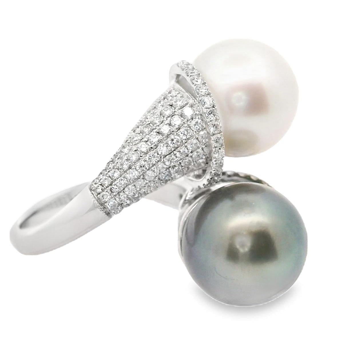 White & Tahitian Cultured Pearl Diamond 18k White Gold Bypass Ring