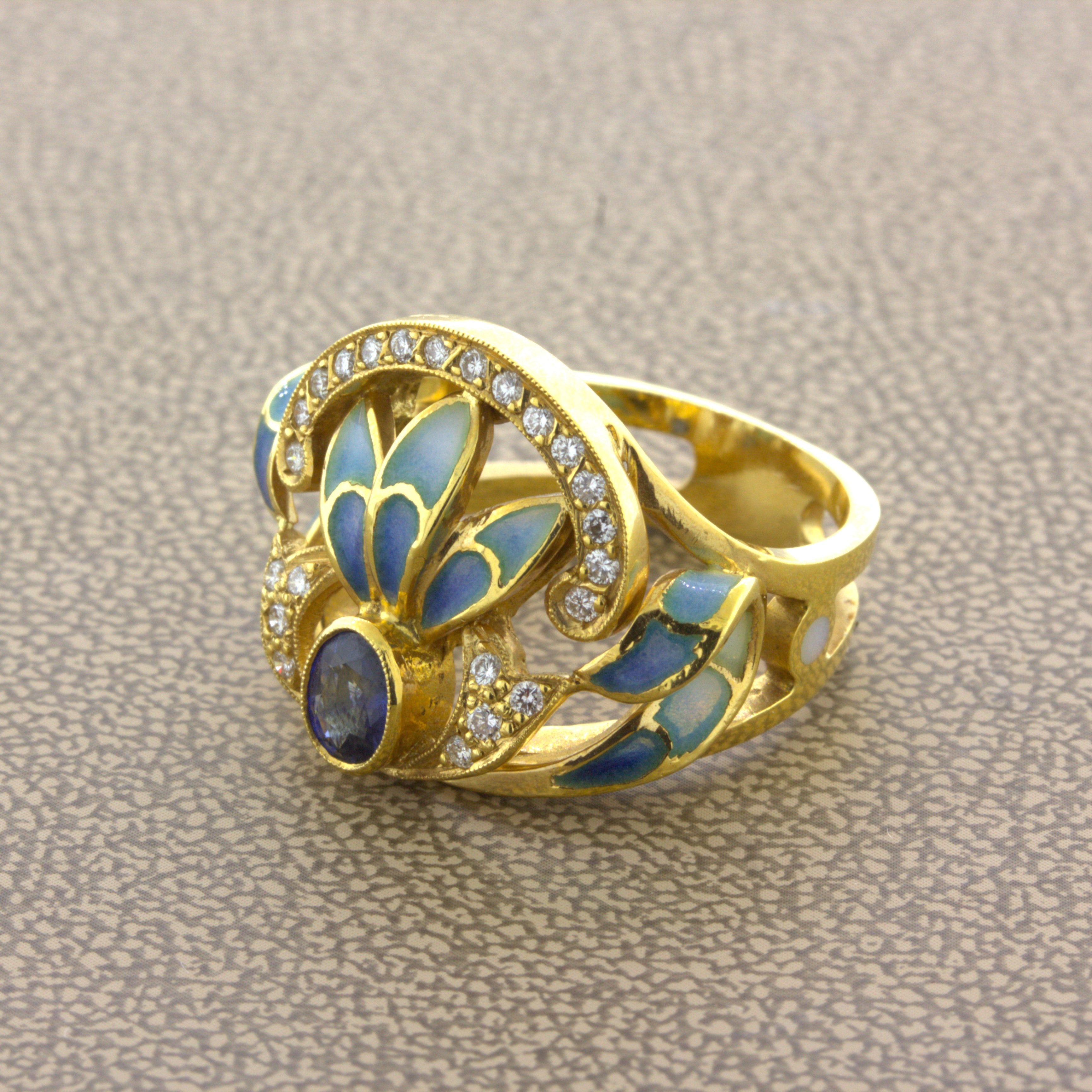 Masriera Diamond Sapphire Enamel 18K Yellow Gold Ring