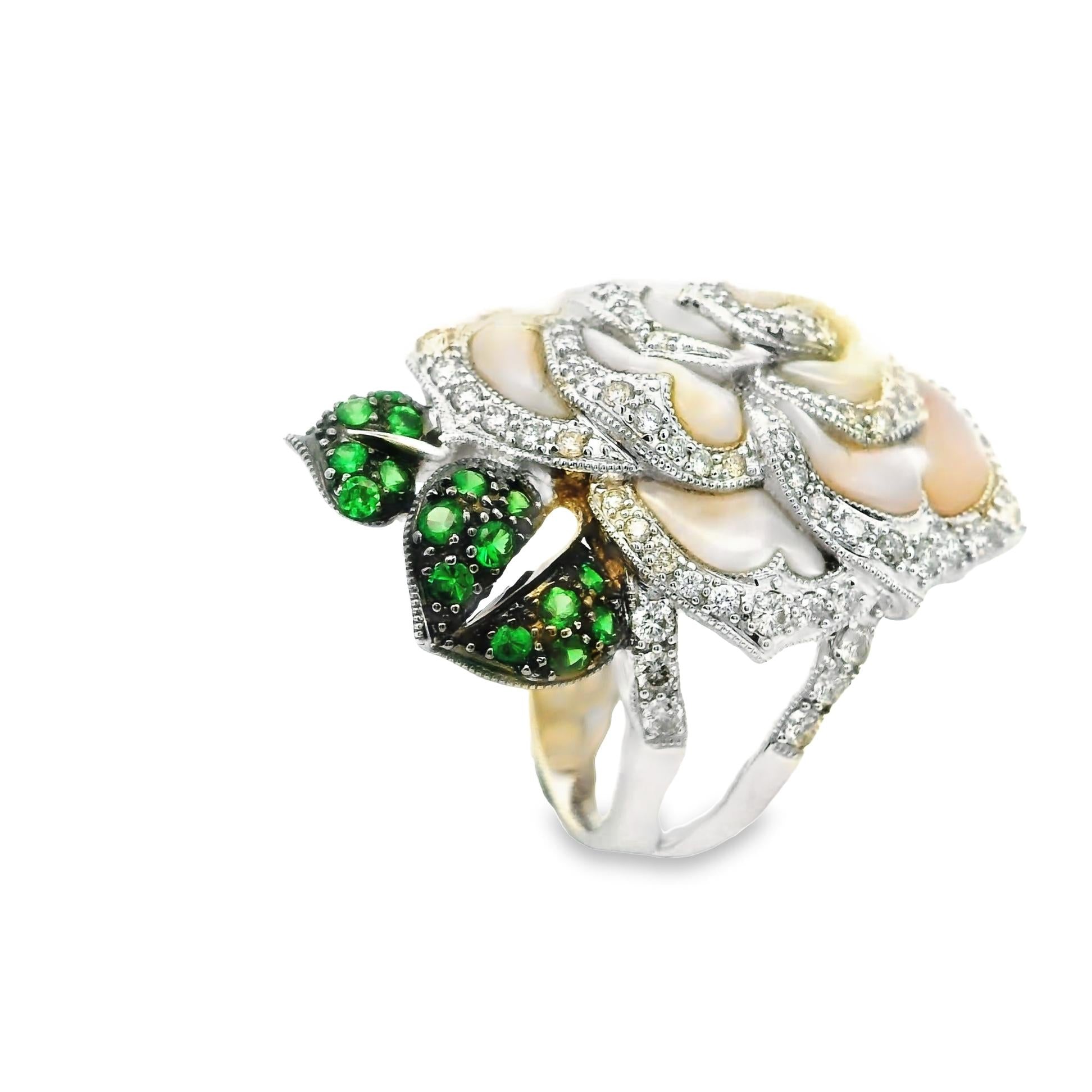 Mother-of-Pearl Diamond Tsavorite 18k White Gold Rose Flower Ring