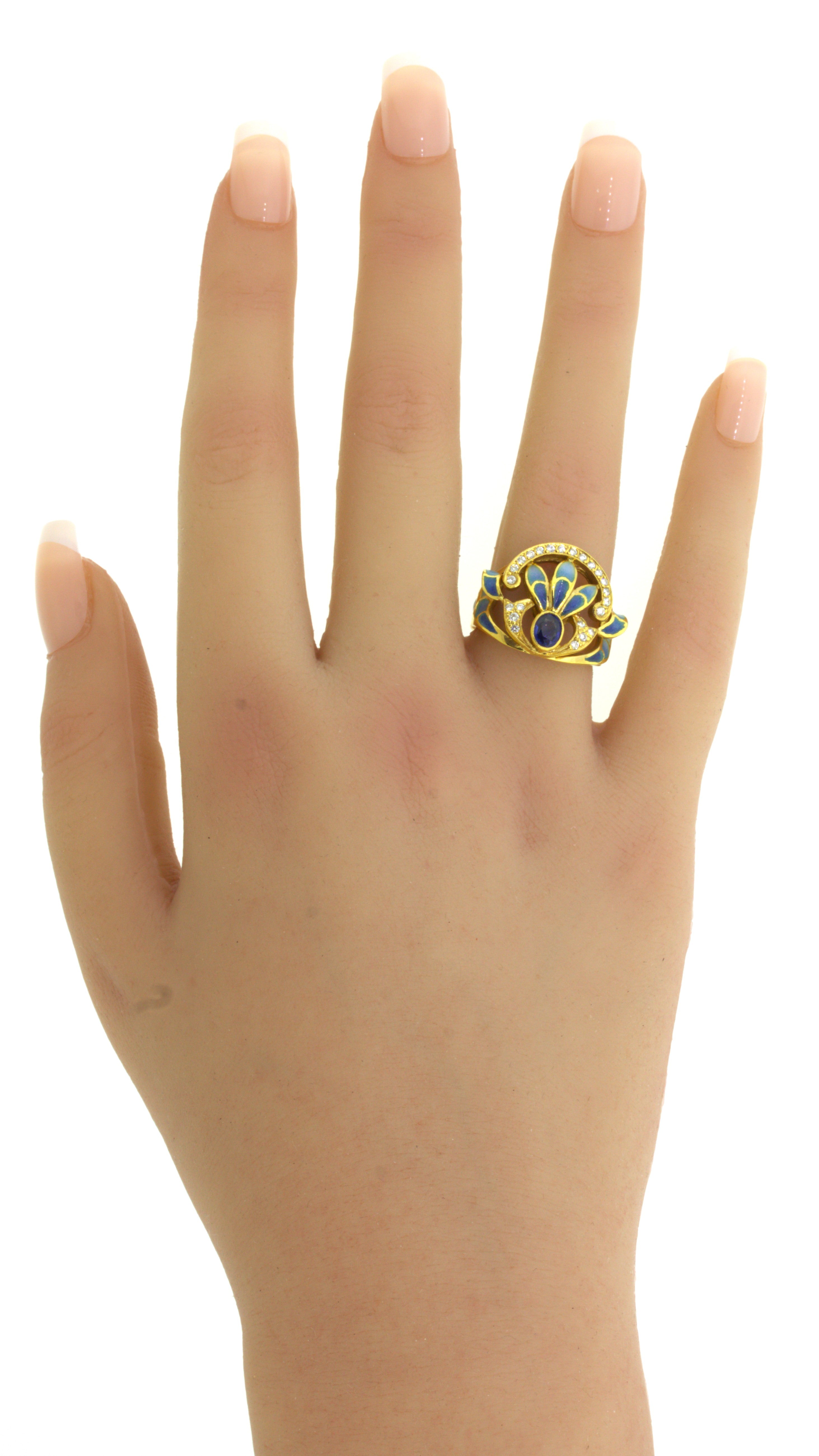 Masriera Diamond Sapphire Enamel 18K Yellow Gold Ring