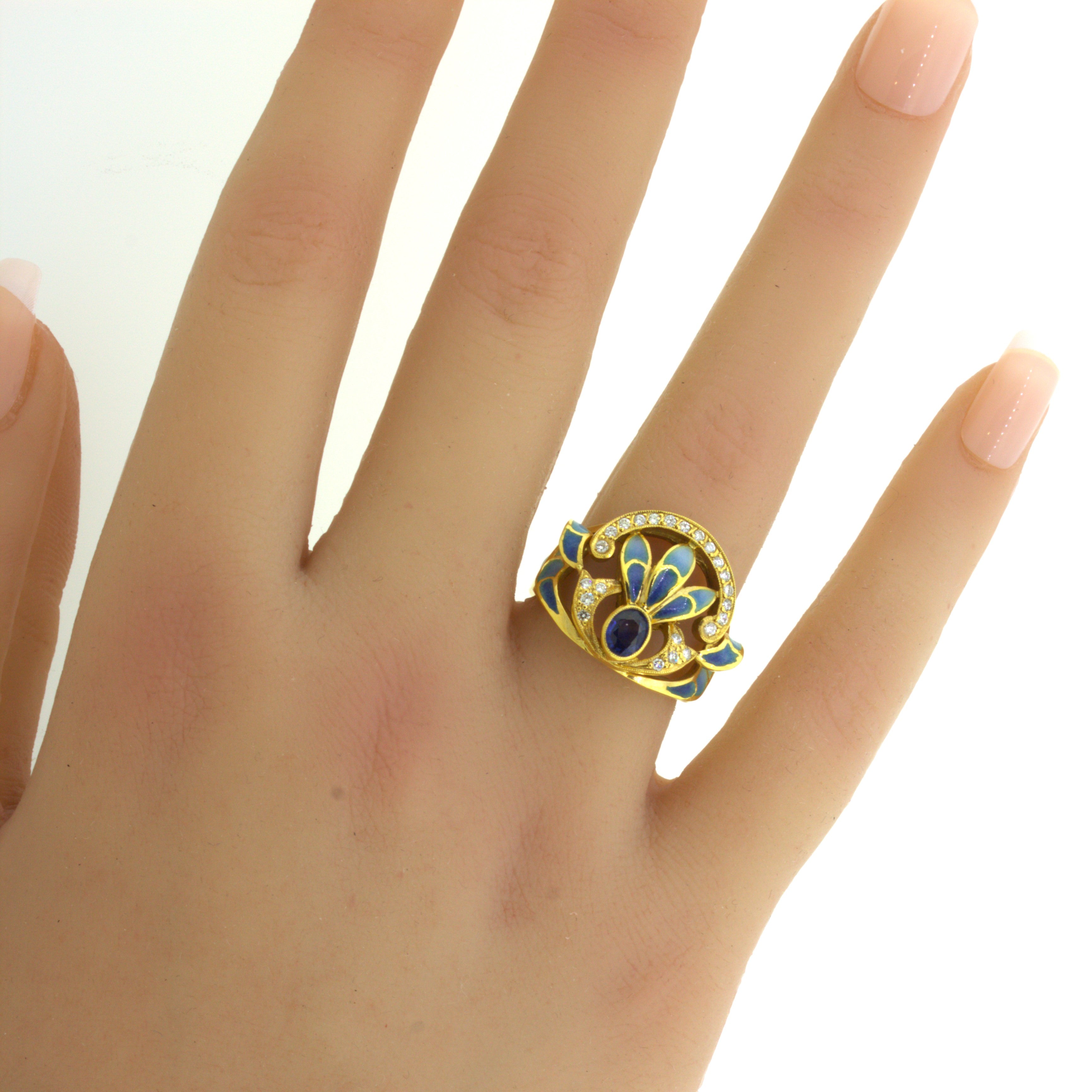 Masriera Diamond Sapphire Enamel 18K Yellow Gold Ring