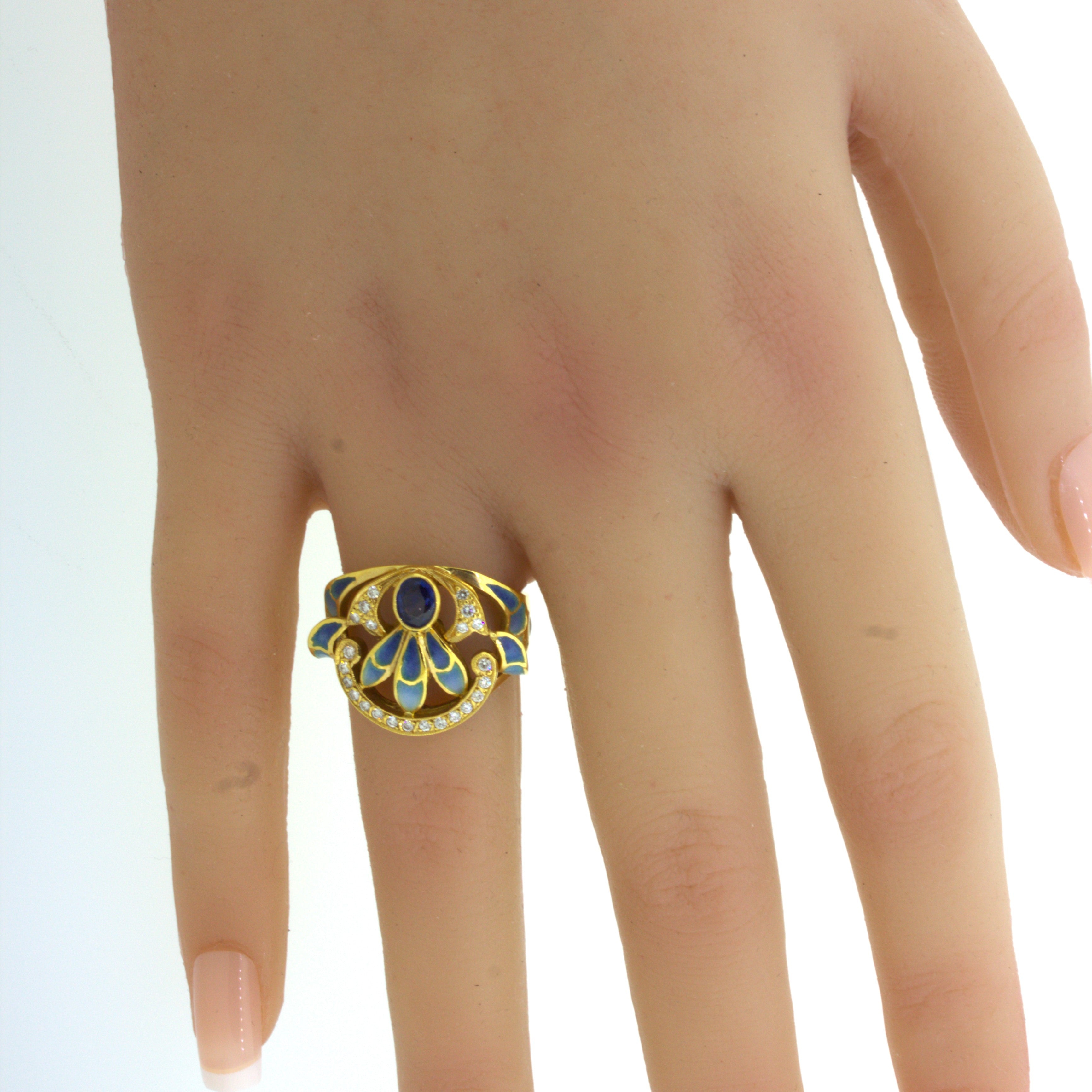 Masriera Diamond Sapphire Enamel 18K Yellow Gold Ring
