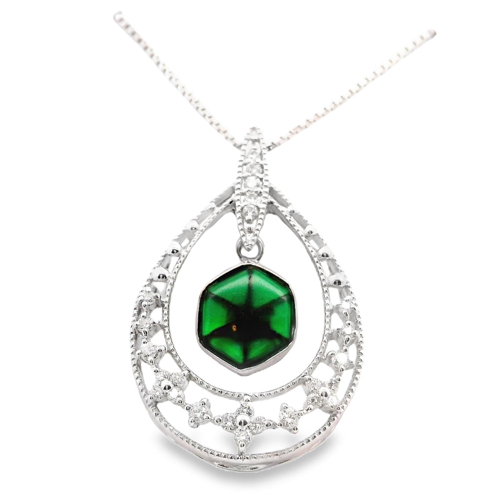 Trapiche Emerald Diamond 18k White Gold Necklace Pendant