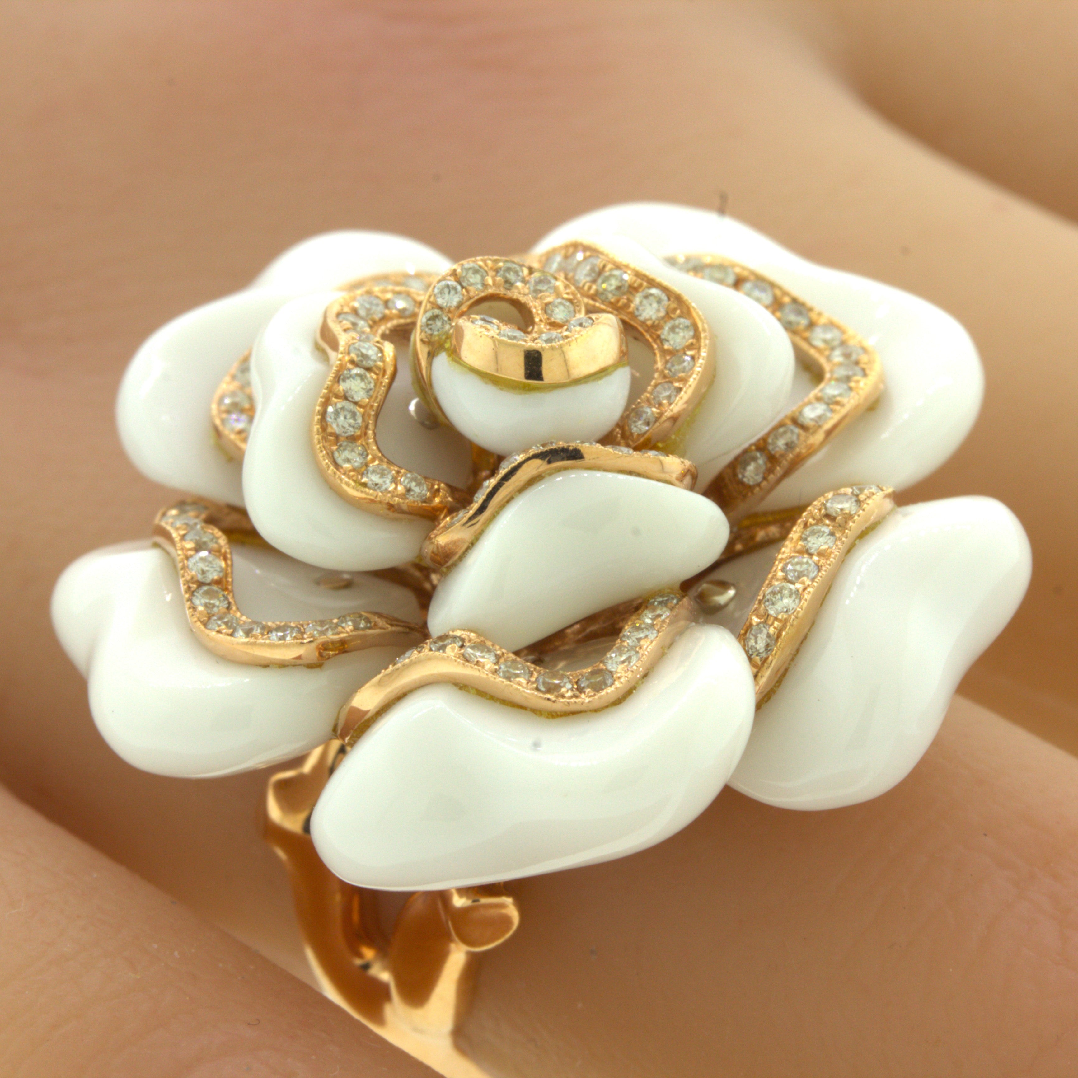 Diamond White-Onyx 18K Rose Gold Camellia Flower Cocktail Ring