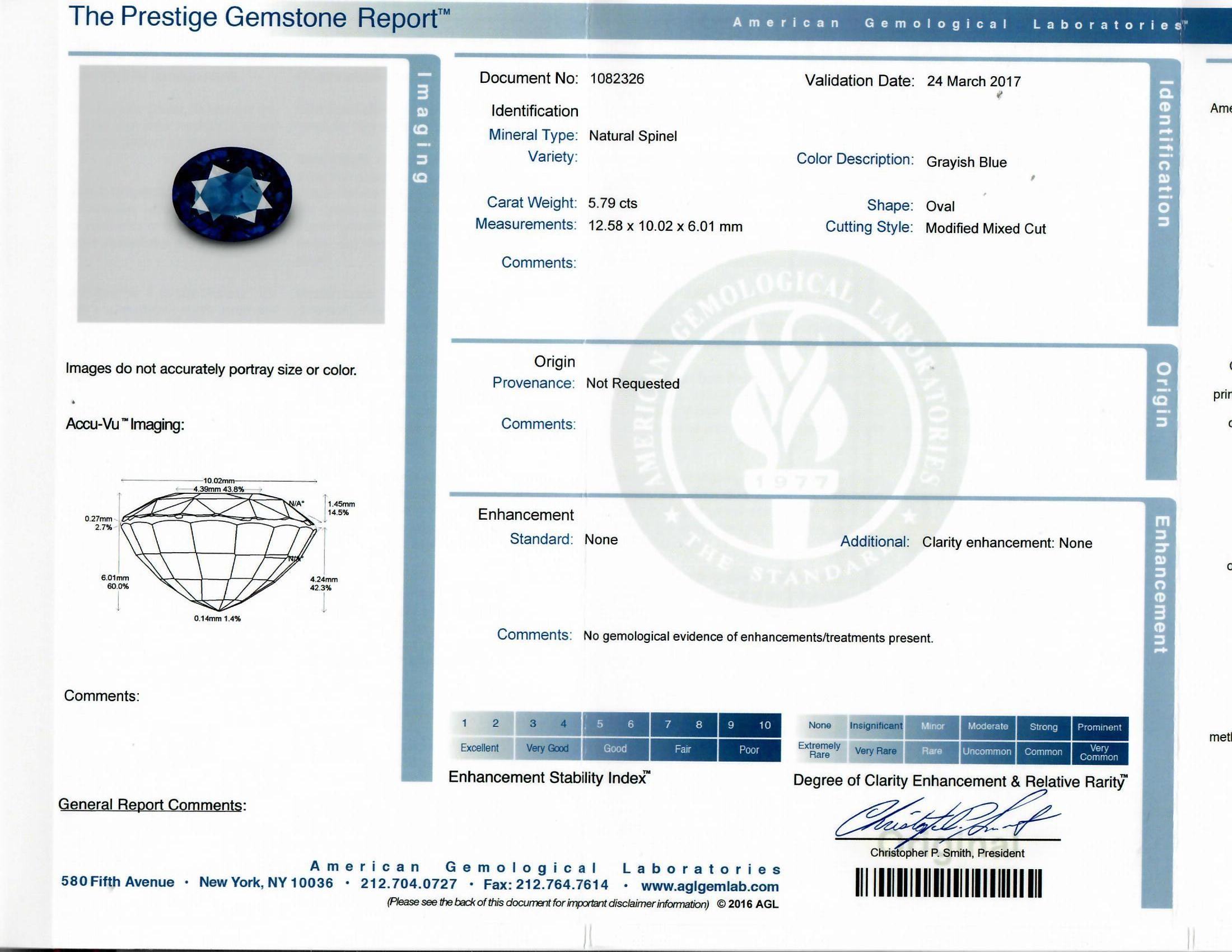 5.79 Carat Blue Spinel Diamond 18K White Gold Ring, AGL Certified