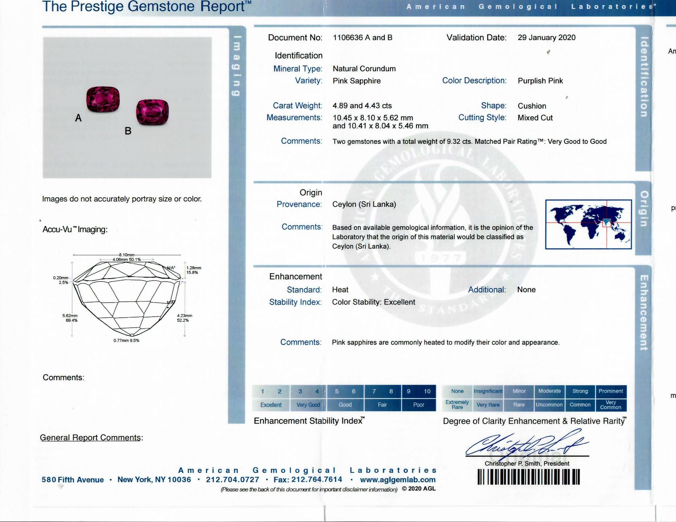 4.89ct & 4.43ct Pink Sapphire Diamond 18k White Gold Earrings, AGL Certified