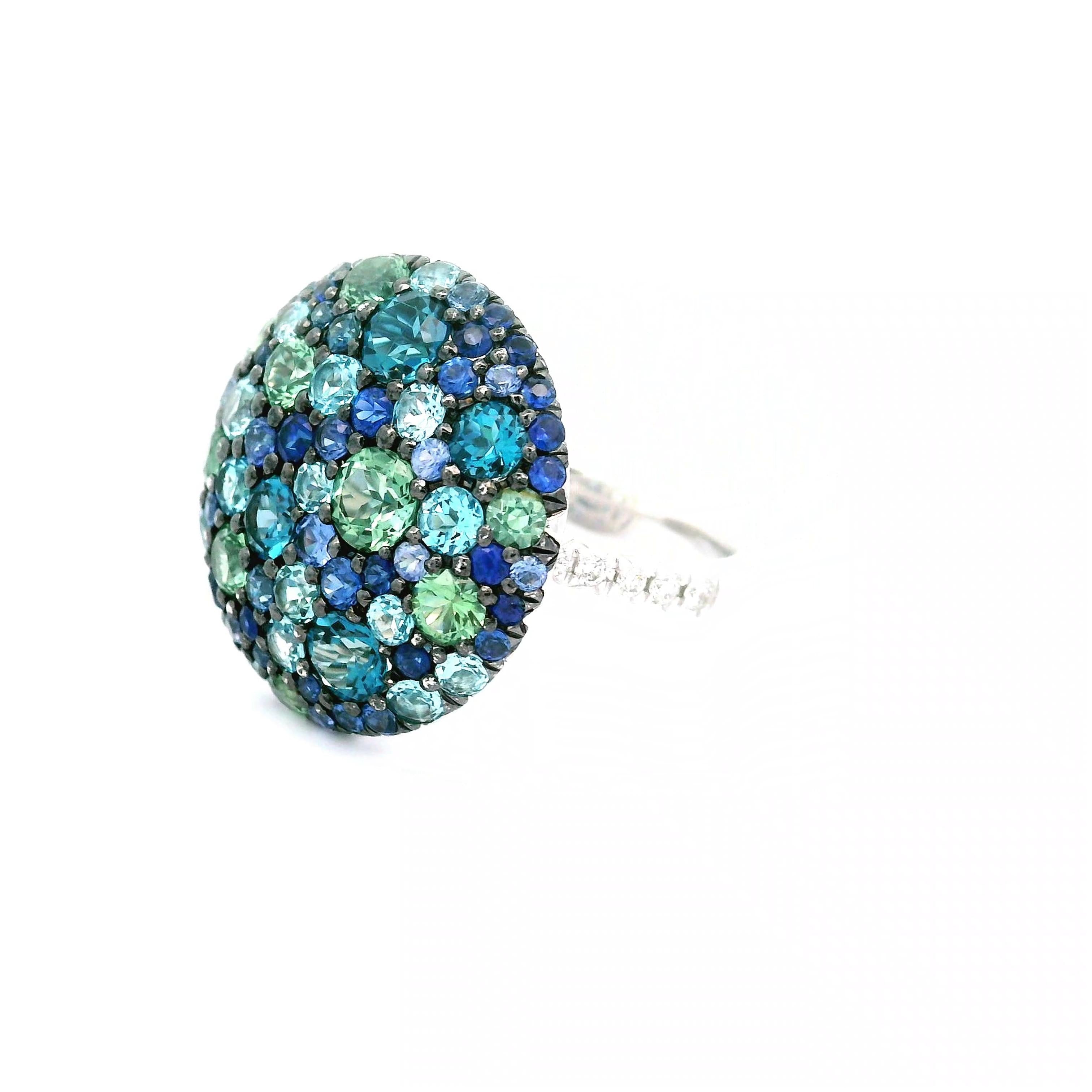 Blue Topaz Green Sapphire Diamond 18k White Gold Ring