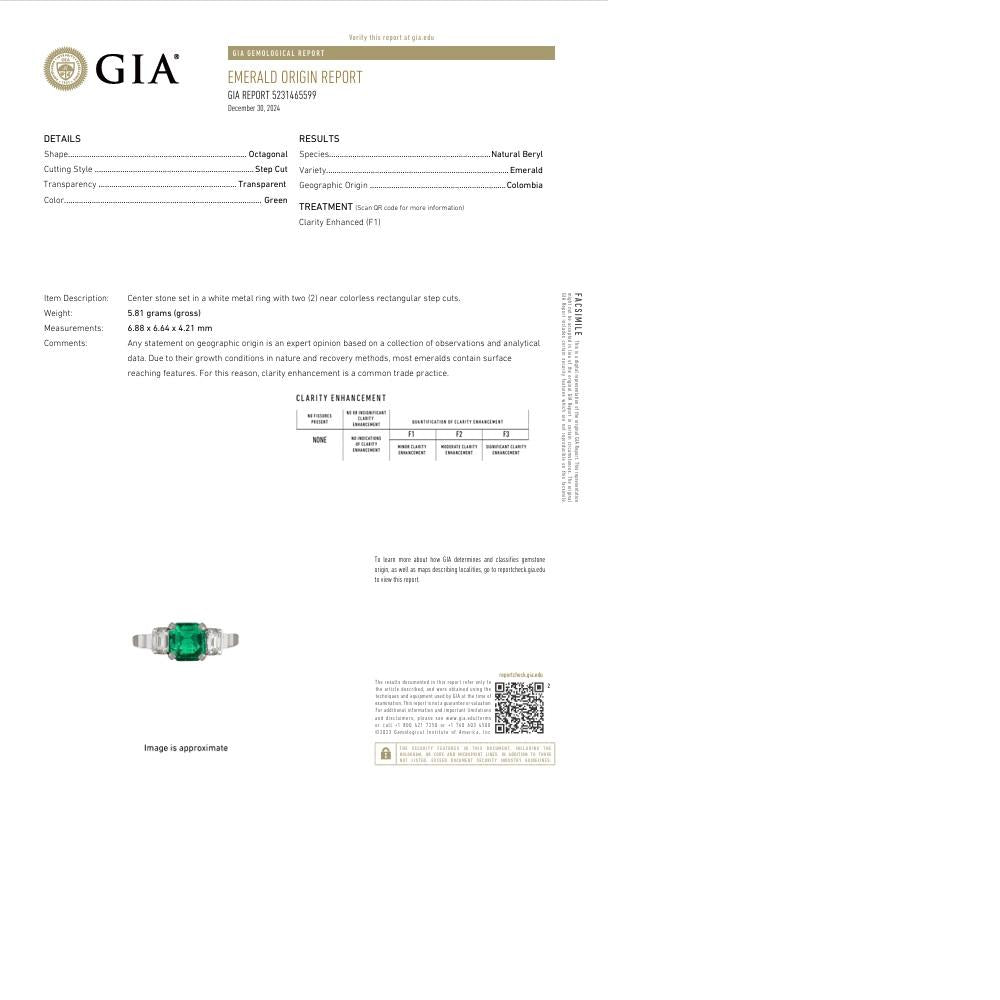 1.26 Carat Old-Mine Colombian Emerald Diamond Platinum Three-Stone Ring, GIA