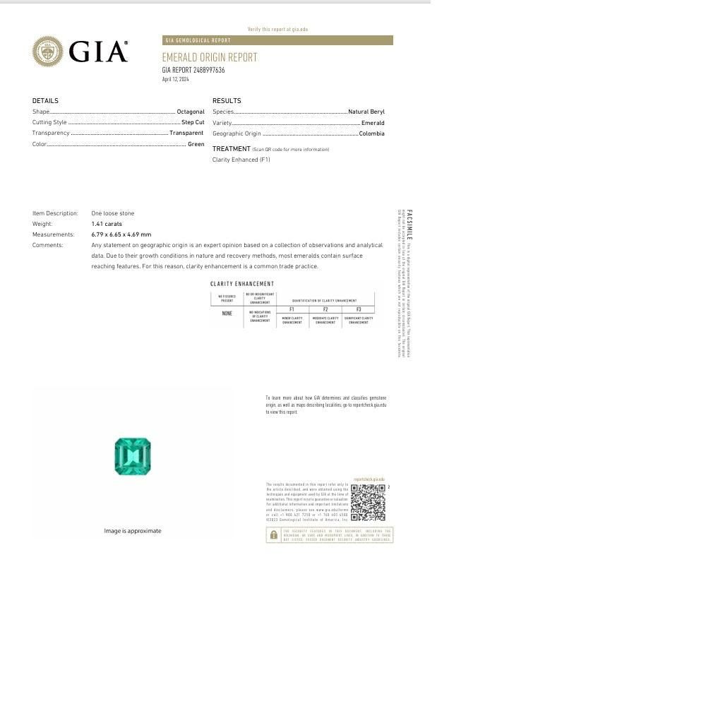 1.41 Carat Colombian Emerald Diamond Platinum Ring, GIA Certified