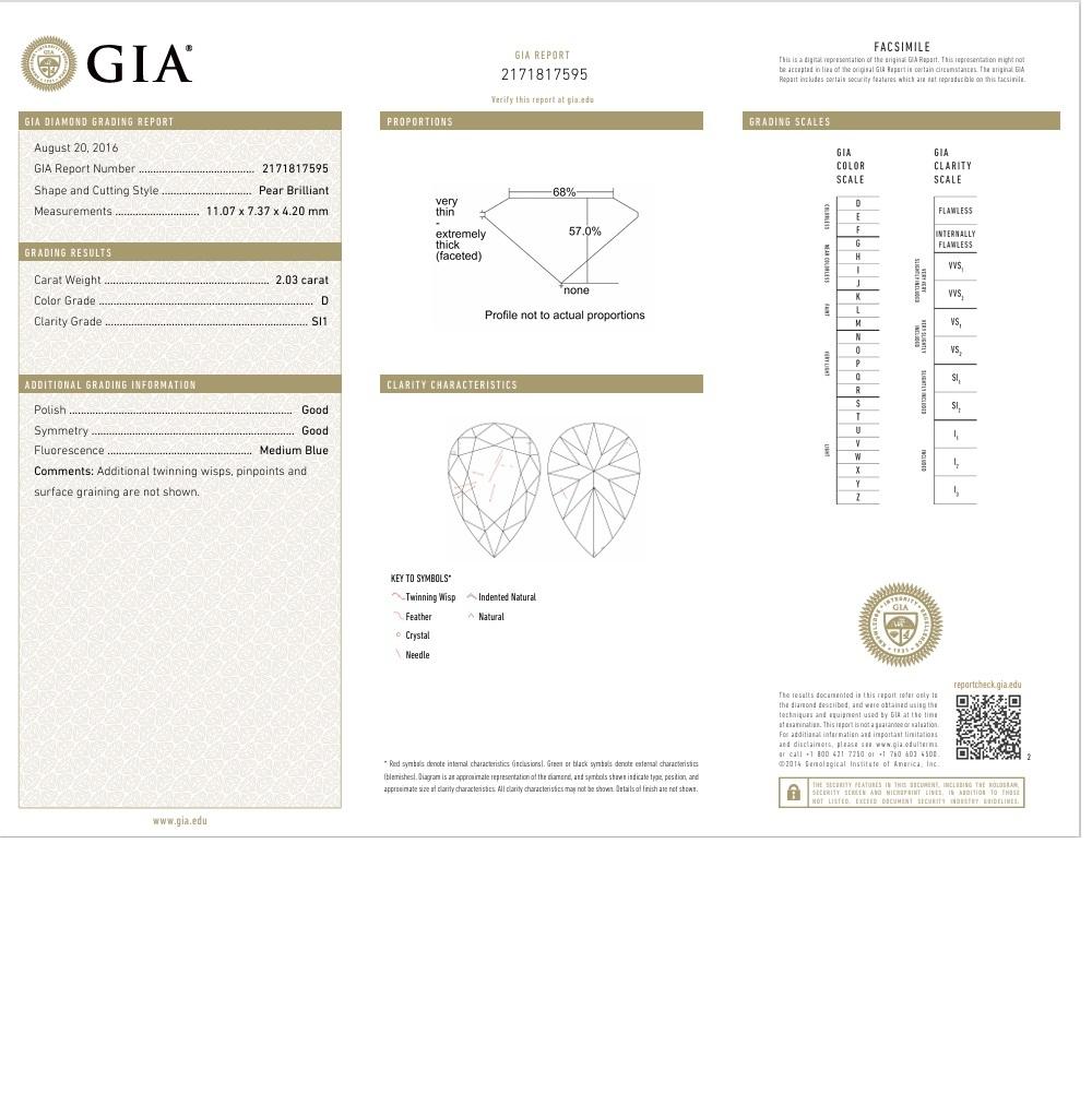 2.03 Carat Pear-shape Diamond Platinum Engagement Ring, GIA Certified D-SI1