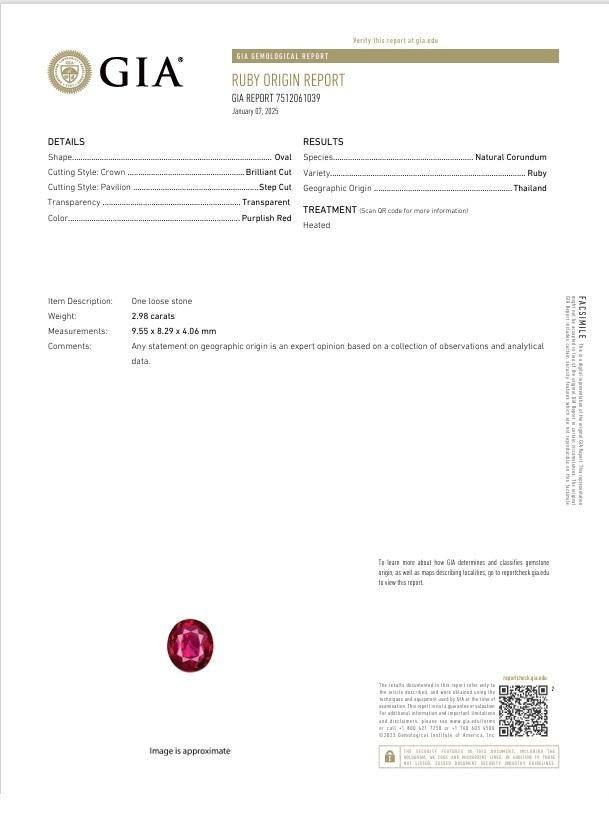 2.98 Carat Thai Ruby Diamond Platinum Ring, GIA Certified