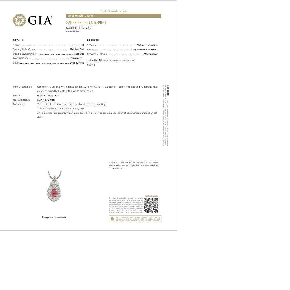1.32 Carat Padparadscha Sapphire Diamond Platinum Halo Pendant Necklace, GIA
