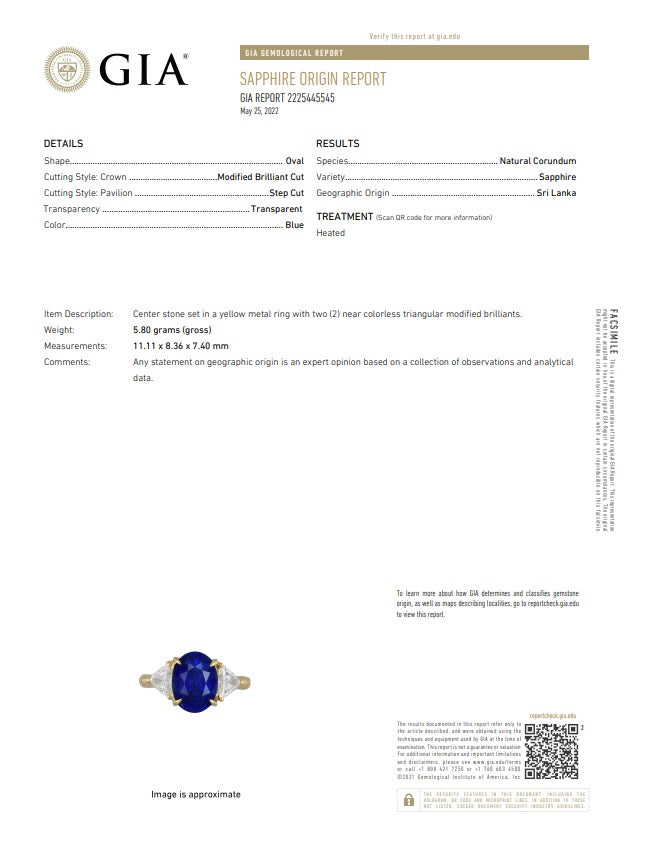 5.87 Carat Blue Sapphire Diamond 18k Yellow Gold 3-Stone Ring, GIA Certified