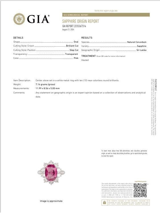 4.98 Carat Pink Sapphire Diamond Princess-Diana 18k White Gold Ring, GIA Certif