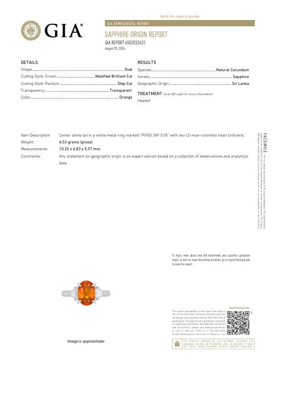 3.89 Carat Orange Sapphire Diamond Platinum Three-Stone Ring, GIA Cert