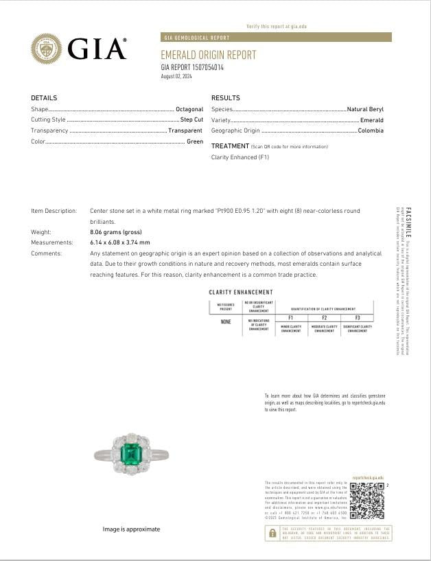 Superb Colombian Emerald Diamond Platinum Halo Ring, GIA Certified