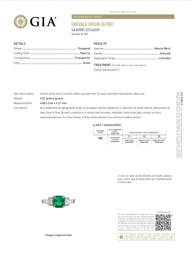 1.26 Carat Old-Mine Colombian Emerald Diamond Platinum Three-Stone Ring, GIA