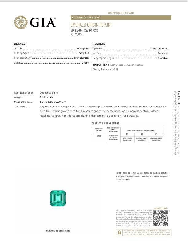 1.41 Carat Colombian Emerald Diamond Platinum Ring, GIA Certified