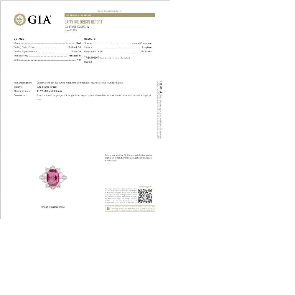 4.98 Carat Pink Sapphire Diamond Princess-Diana 18k White Gold Ring, GIA Certif