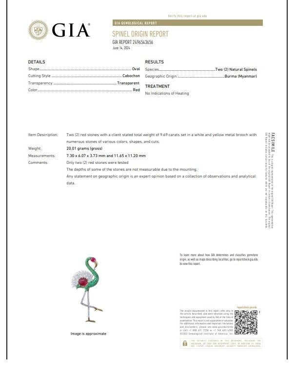 Burmese Spinel Emerald Diamond 18K White Yellow Gold Flamingo Brooch, GIA Cert