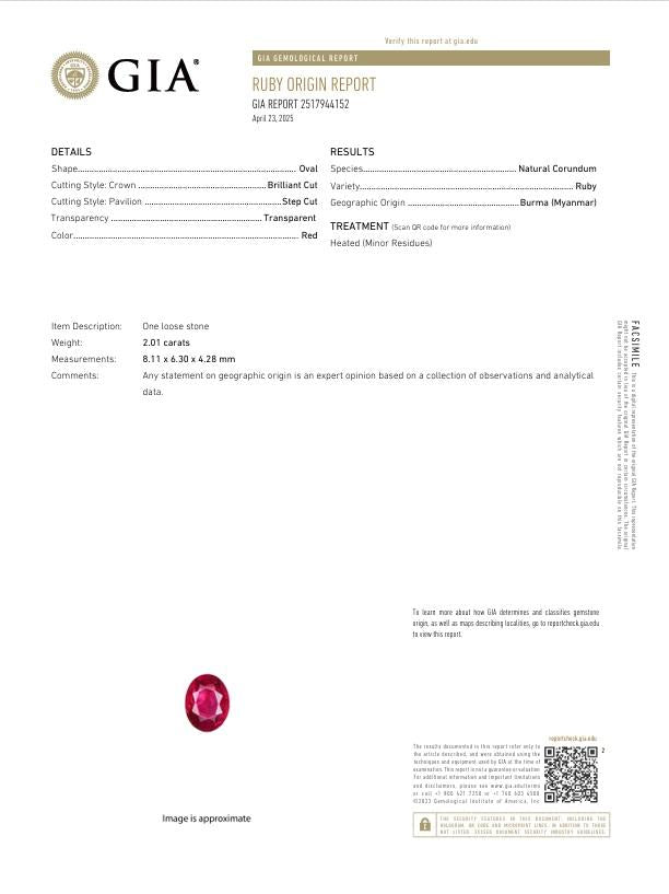 2.01 Carat Burmese Ruby Diamond Platinum Three-Stone Ring, GIA Certified