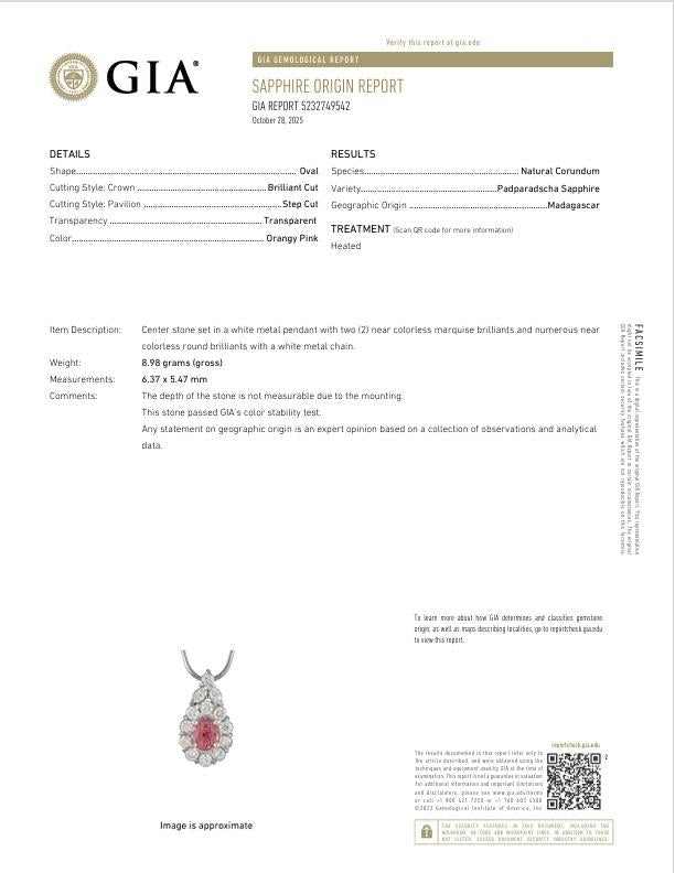 1.32 Carat Padparadscha Sapphire Diamond Platinum Halo Pendant Necklace, GIA