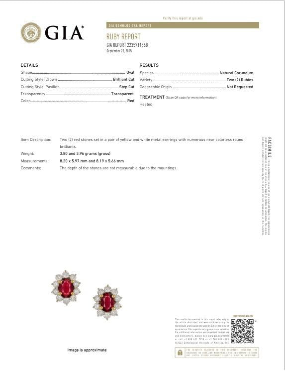 2.34 Carats Ruby Diamond 18k Yellow Gold Halo Earrings, GIA Certified