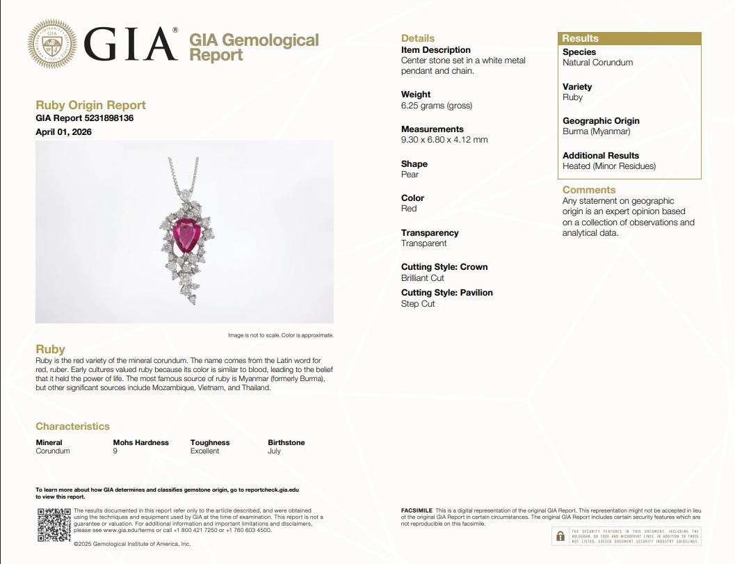 2.11 Carat Burmese Ruby Diamond Platinum Pendant Necklace, GIA Certified