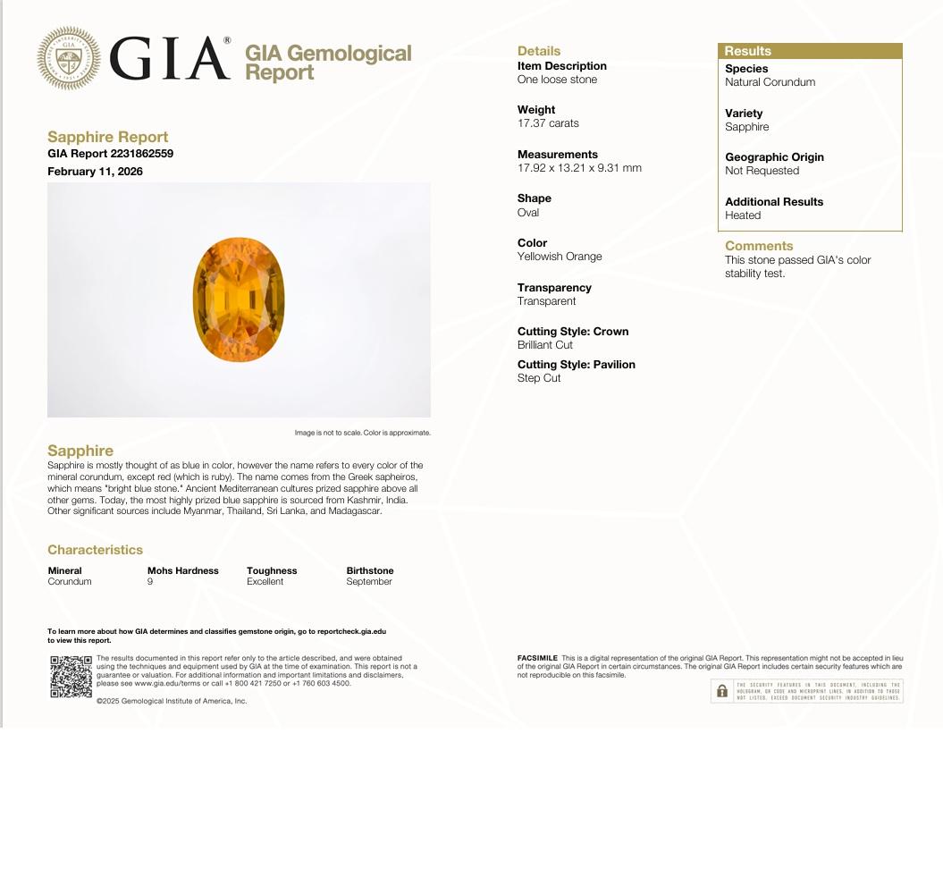 Fred Paris 17.37 Carat Orange Sapphire Diamond 18K Yellow Gold Ring, GIA Cert