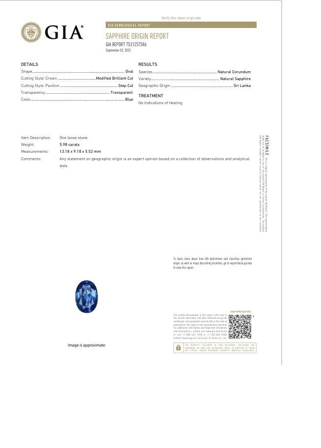5.98 Carat No-Heat Ceylon Blue Sapphire Diamond Platinum Ring, GIA Certified