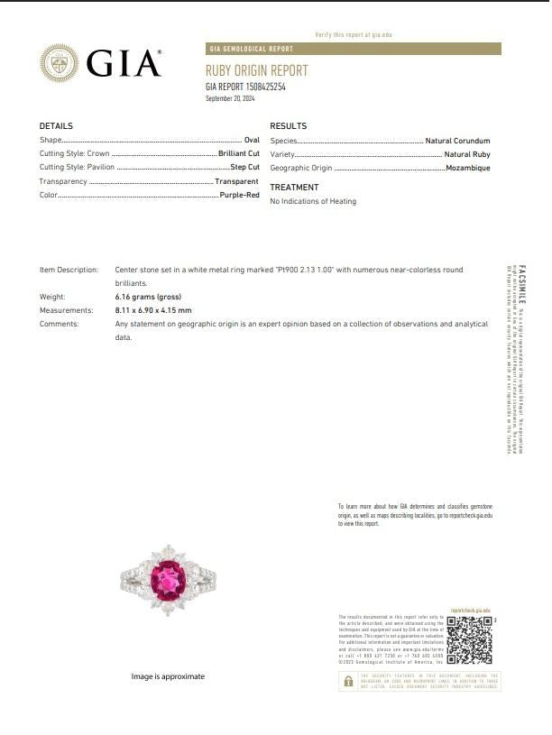 2.13 Carat No-Heat Ruby Diamond Platinum Halo Ring, GIA Certified