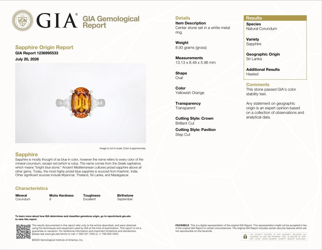 5.91 Carat Orange Sapphire Diamond Platinum Three-Stone Ring, GIA Certified