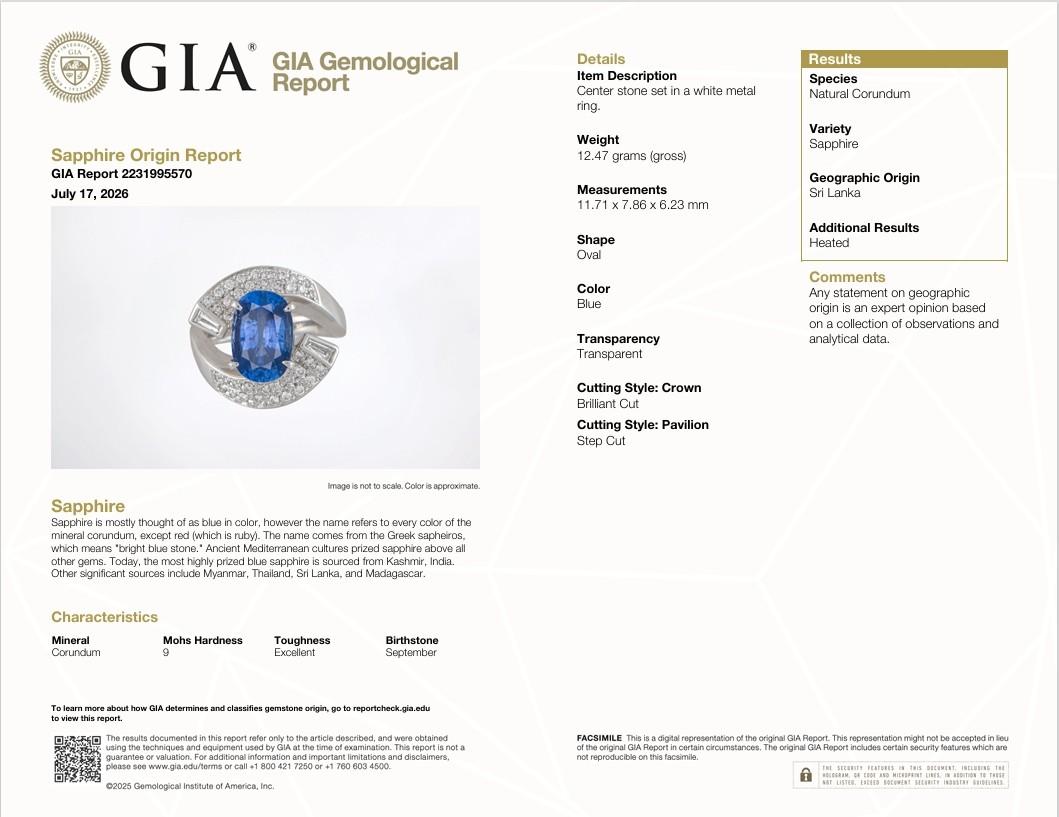 5.04 Carat Blue Ceylon Sapphire Diamond Platinum Bypass Ring, GIA Certified