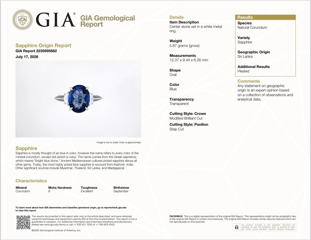 7.03 Carat Blue Ceylon Sapphire Diamond Enamel 18K White Gold Ring, GIA Certifed