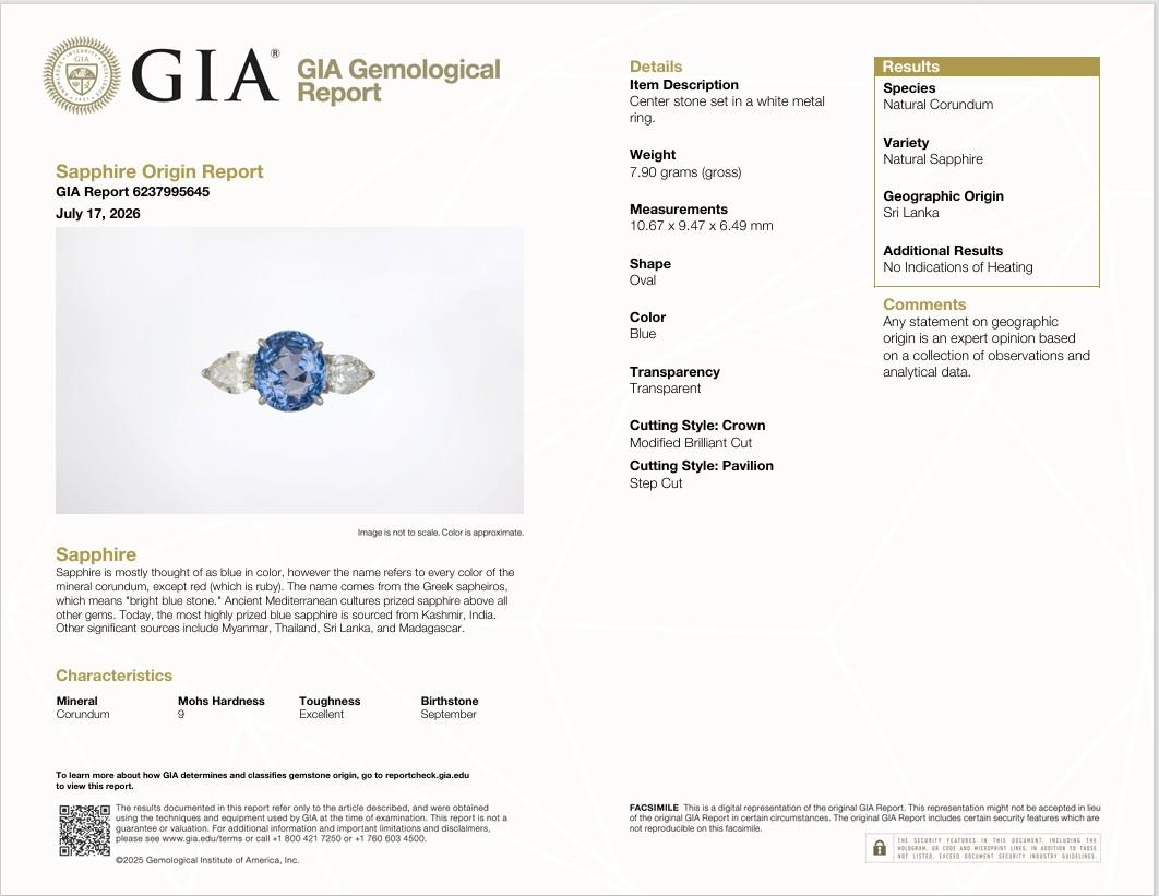 5.81 Carat No-Heat Blue Ceylon Sapphire Diamond Platinum Three-Stone Ring, GIA