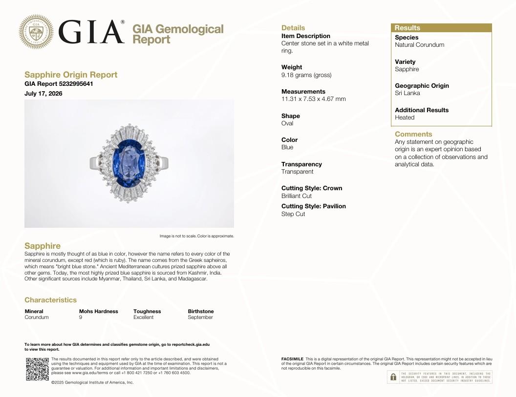 4.11 Carat Ceylon Sapphire Diamond Platinum Ballerina Ring, GIA Certified