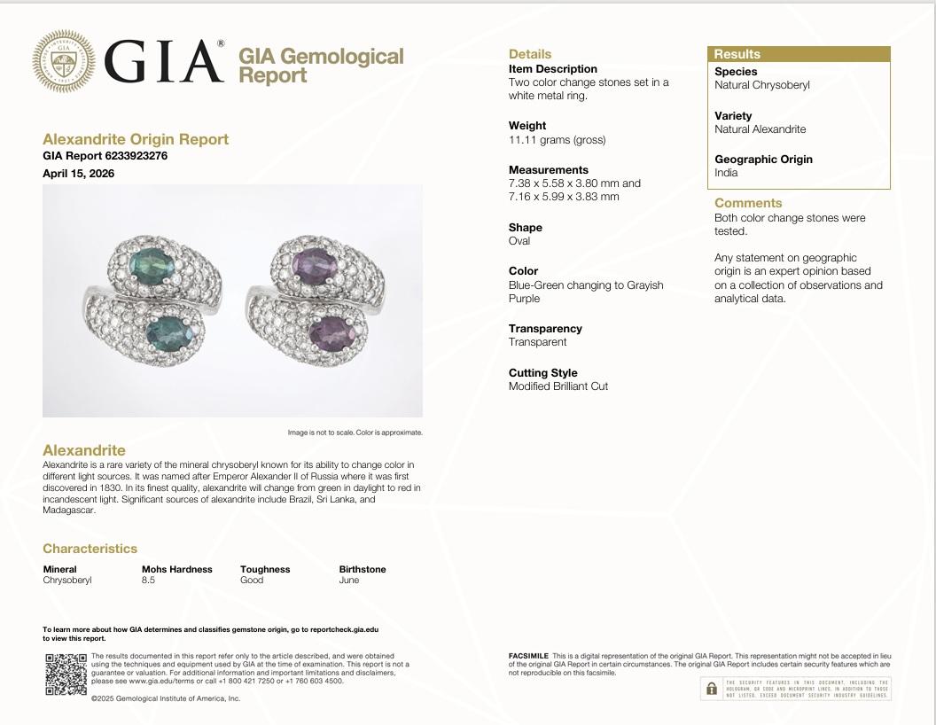 Estate Alexandrite Diamond 18K White Gold Bypass Ring, GIA Certified