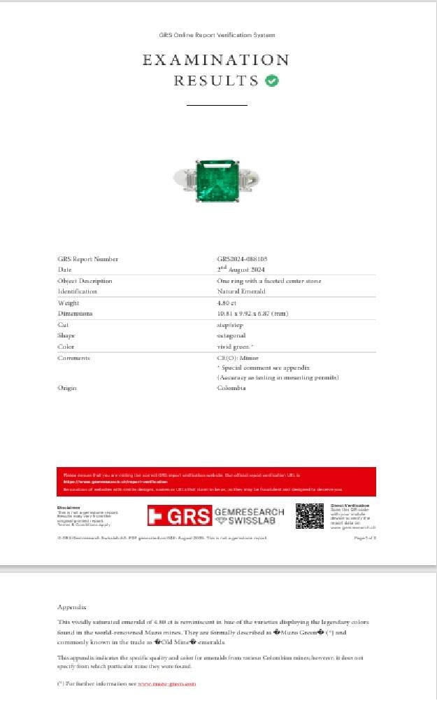 Superb 4.80 Carat “Old-Mine” Columbian Emerald Diamond Platinum Ring, GRS Cert